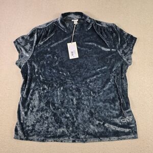 A New Day Crushed Velvet Top Blue Short Sleeve Mock Neck Womens 1X NWT